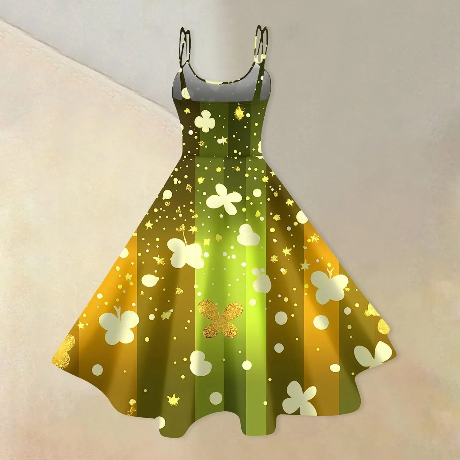 St Patrick's Day Dress Womens Loose Off Shoulder Vintage Sleeveless Midi A-Line Shamrock Print Swing Dresses
