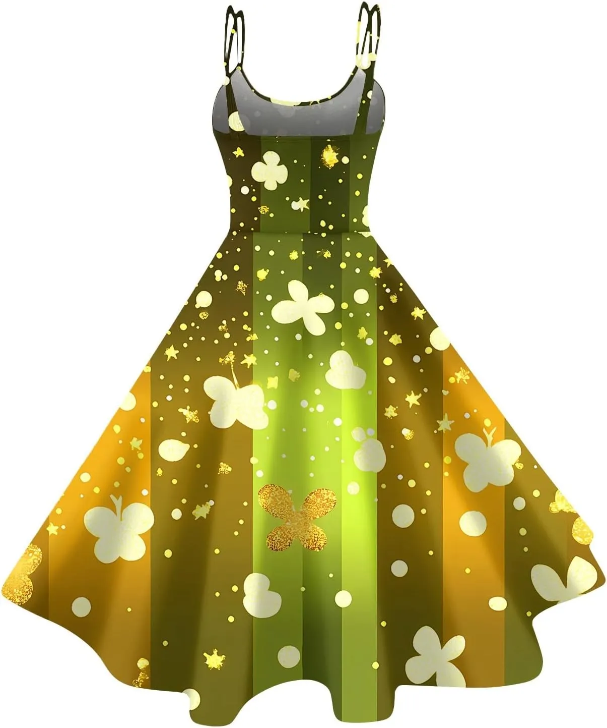 St Patrick's Day Dress Womens Loose Off Shoulder Vintage Sleeveless Midi A-Line Shamrock Print Swing Dresses