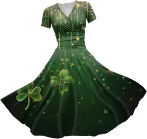 St Patricks Day Dresses for Women Short Sleeve V Neck Princess Pulled Ruffle Shamrock Print Waist Drawstring Dresses