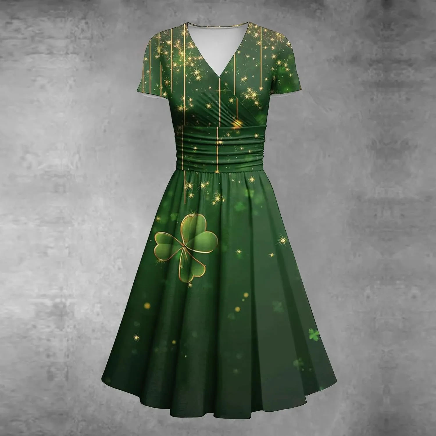 St Patricks Day Dresses for Women Short Sleeve V Neck Princess Pulled Ruffle Shamrock Print Waist Drawstring Dresses