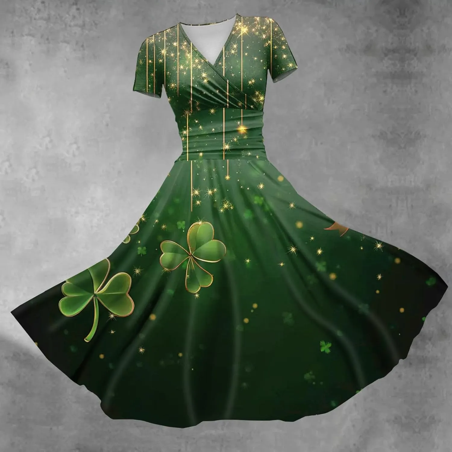 St Patricks Day Dresses for Women Short Sleeve V Neck Princess Pulled Ruffle Shamrock Print Waist Drawstring Dresses