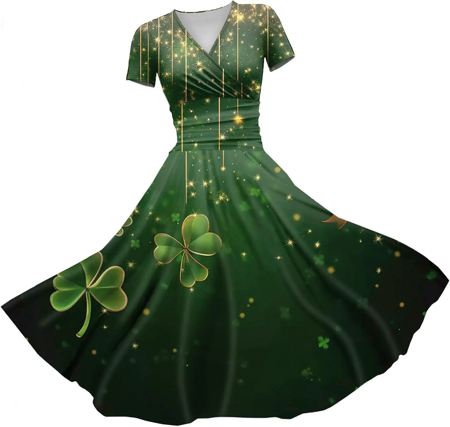 St Patricks Day Dresses for Women Short Sleeve V Neck Princess Pulled Ruffle Shamrock Print Waist Drawstring Dresses