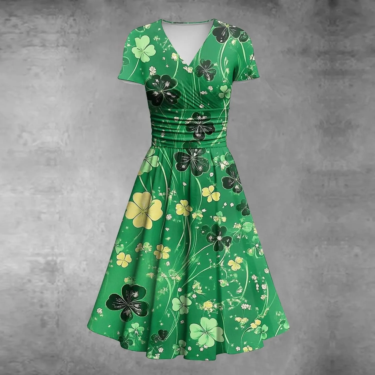 St Patricks Day Dresses for Women Short Sleeve V Neck Princess Pulled Ruffle Shamrock Print Waist Drawstring Dresses