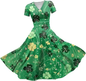 St Patricks Day Dresses for Women Short Sleeve V Neck Princess Pulled Ruffle Shamrock Print Waist Drawstring Dresses