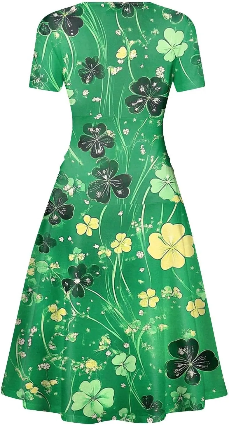 St Patricks Day Dresses for Women Short Sleeve V Neck Princess Pulled Ruffle Shamrock Print Waist Drawstring Dresses