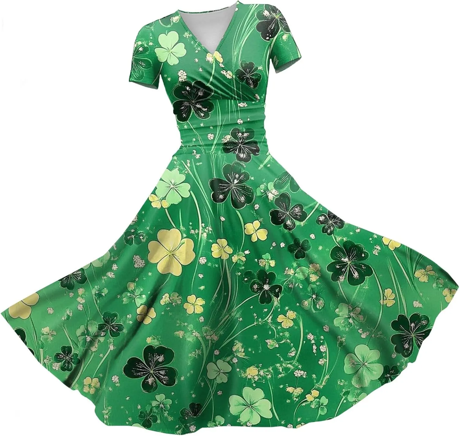 St Patricks Day Dresses for Women Short Sleeve V Neck Princess Pulled Ruffle Shamrock Print Waist Drawstring Dresses