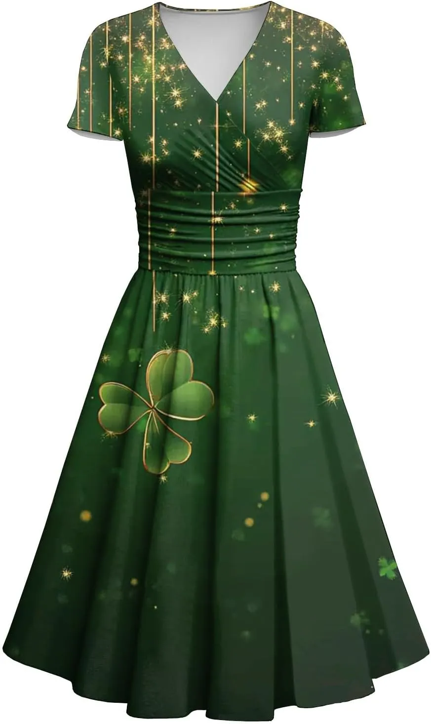 St Patricks Day Dresses for Women Short Sleeve V Neck Princess Pulled Ruffle Shamrock Print Waist Drawstring Dresses