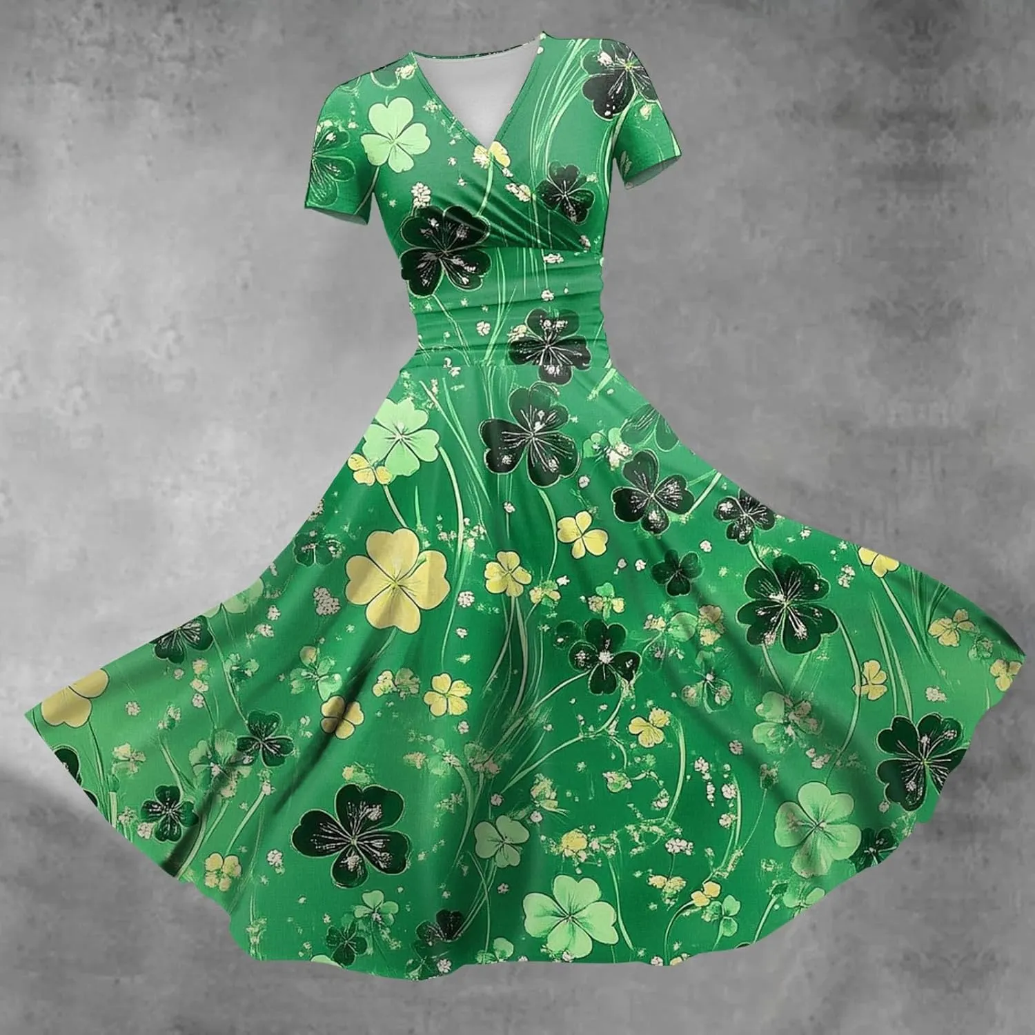 St Patricks Day Dresses for Women Short Sleeve V Neck Princess Pulled Ruffle Shamrock Print Waist Drawstring Dresses