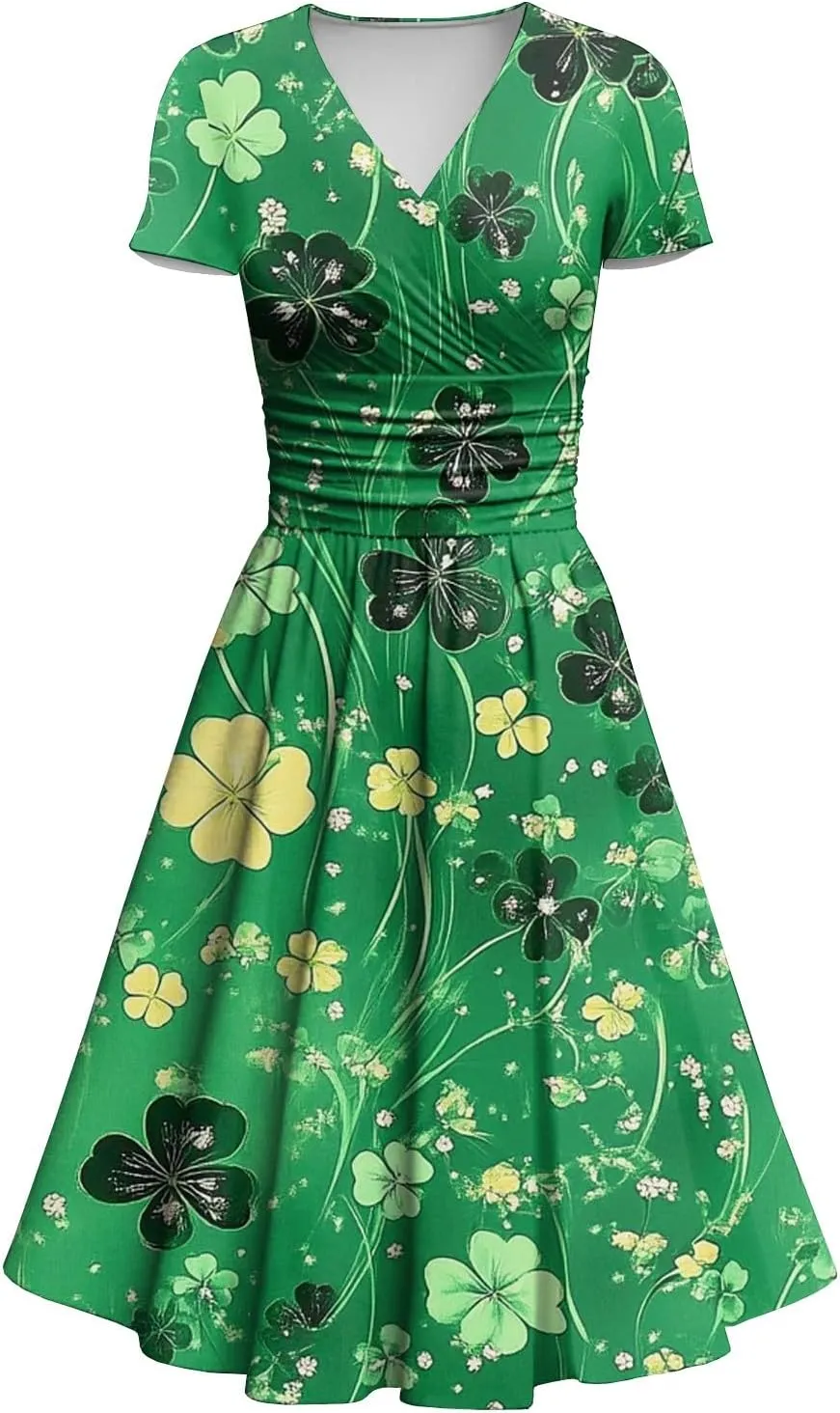 St Patricks Day Dresses for Women Short Sleeve V Neck Princess Pulled Ruffle Shamrock Print Waist Drawstring Dresses