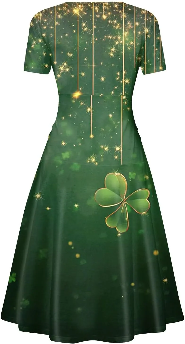 St Patricks Day Dresses for Women Short Sleeve V Neck Princess Pulled Ruffle Shamrock Print Waist Drawstring Dresses