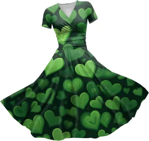 St Patricks Dress for Women V Neck Short Sleeve Princess Shamrock Print Pulled Ruffle Waist Drawstring Fashion Dresses