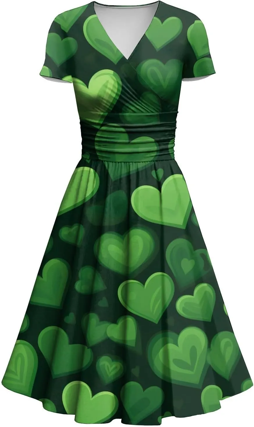 St Patricks Dress for Women V Neck Short Sleeve Princess Shamrock Print Pulled Ruffle Waist Drawstring Fashion Dresses