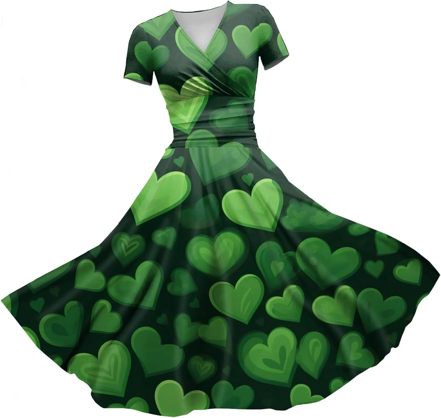 St Patricks Dress for Women V Neck Short Sleeve Princess Shamrock Print Pulled Ruffle Waist Drawstring Fashion Dresses