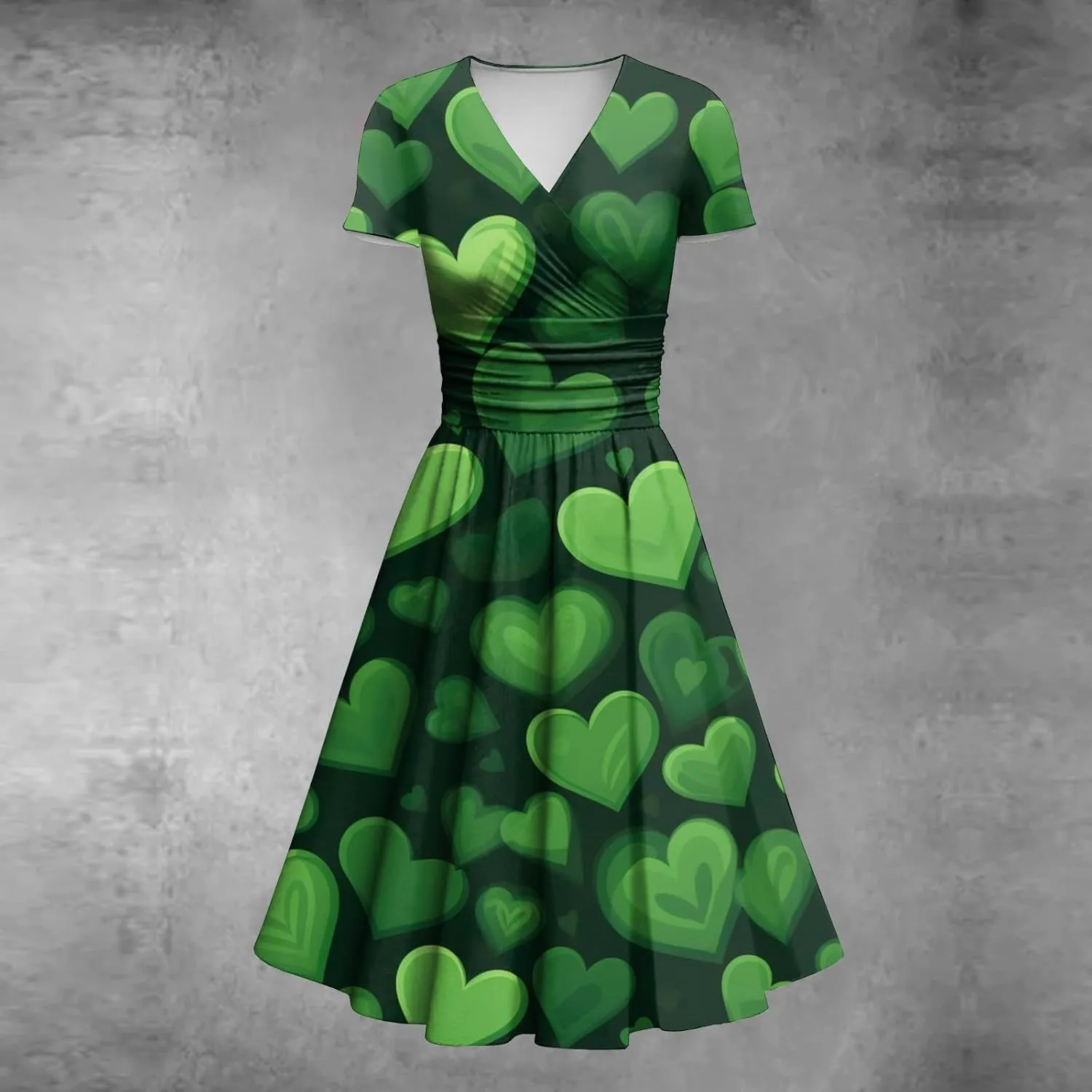 St Patricks Dress for Women V Neck Short Sleeve Princess Shamrock Print Pulled Ruffle Waist Drawstring Fashion Dresses