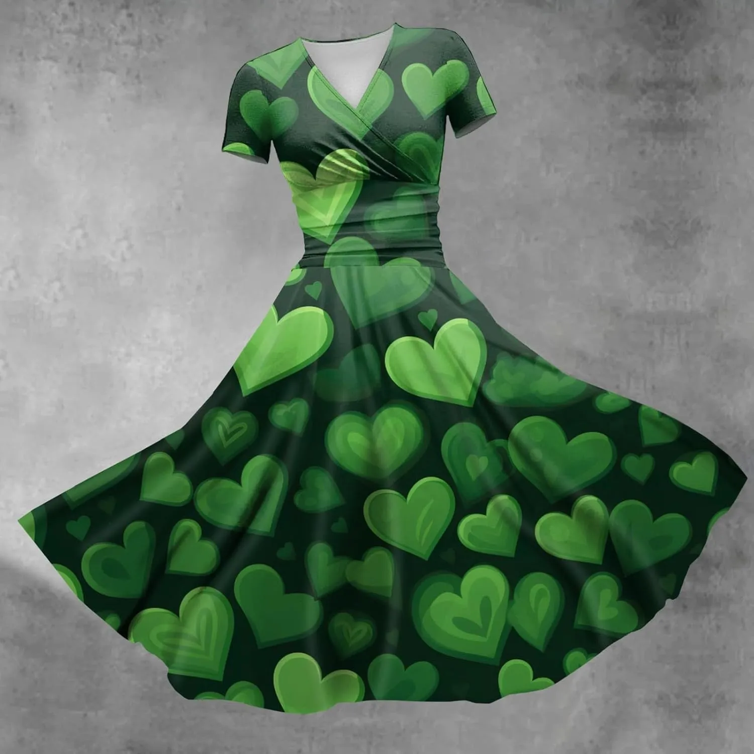 St Patricks Dress for Women V Neck Short Sleeve Princess Shamrock Print Pulled Ruffle Waist Drawstring Fashion Dresses