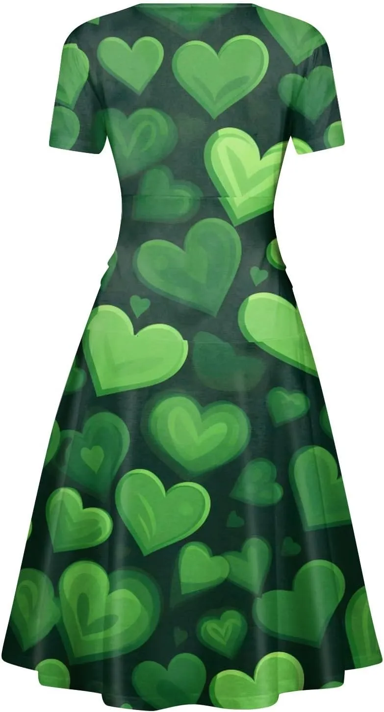 St Patricks Dress for Women V Neck Short Sleeve Princess Shamrock Print Pulled Ruffle Waist Drawstring Fashion Dresses