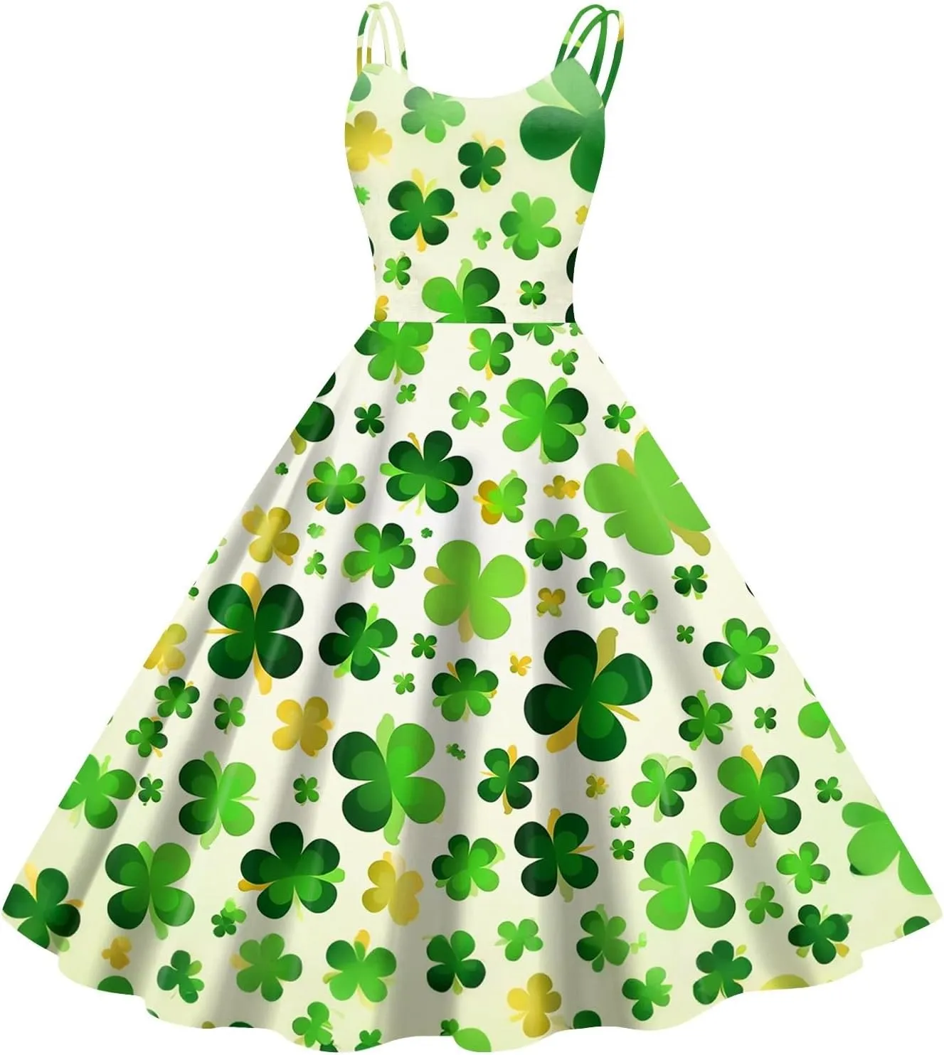 St Patricks Dress Ladies Dressy Vintage Sleeveless Midi Off Shoulder A-Line Swing Shamrock Print Dresses
