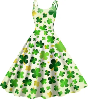St Patricks Dress Ladies Dressy Vintage Sleeveless Midi Off Shoulder A-Line Swing Shamrock Print Dresses