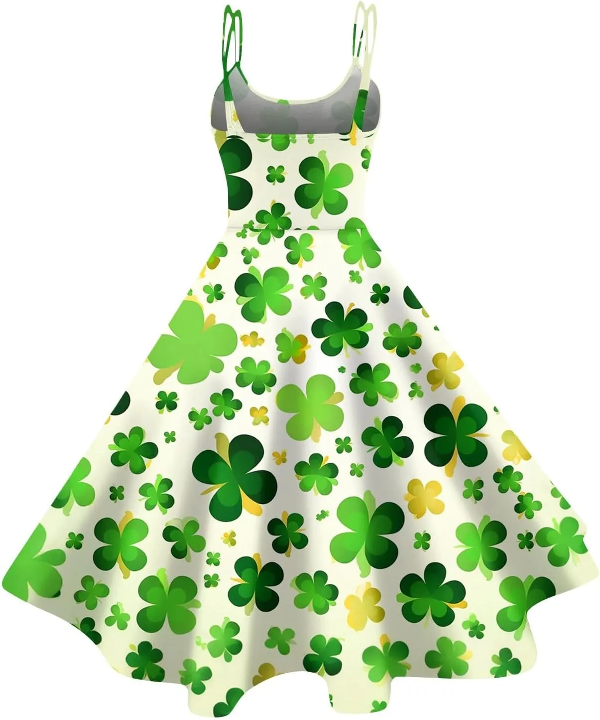 St Patricks Dress Ladies Dressy Vintage Sleeveless Midi Off Shoulder A-Line Swing Shamrock Print Dresses