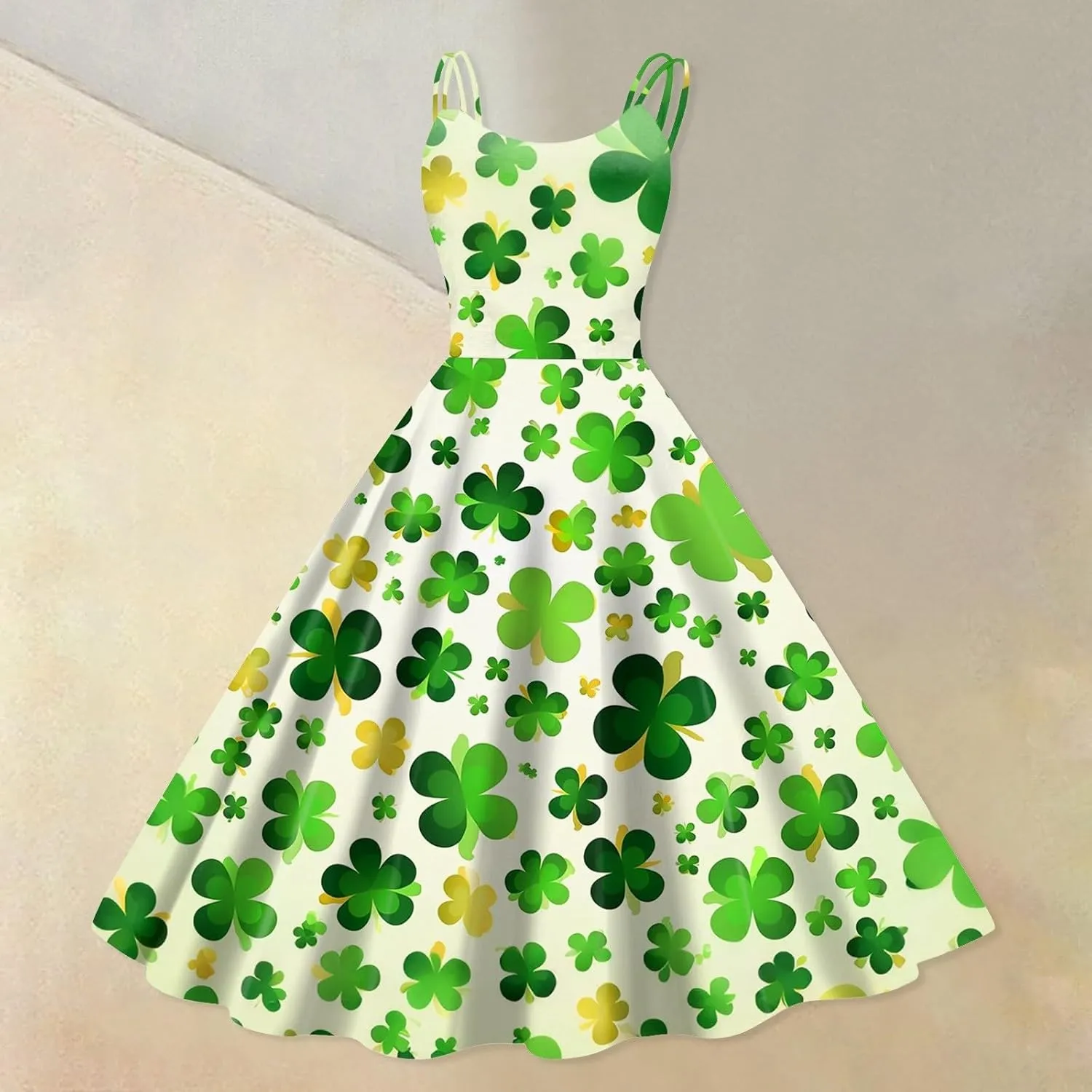 St Patricks Dress Ladies Dressy Vintage Sleeveless Midi Off Shoulder A-Line Swing Shamrock Print Dresses