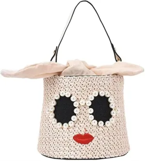 Straw Bucket Bag Women Handbag Rattan Chains Shoulder Crossbody Bag Funny Purses for Women Beach Bags Tote (Color : A, Size : 16 * 14cm)