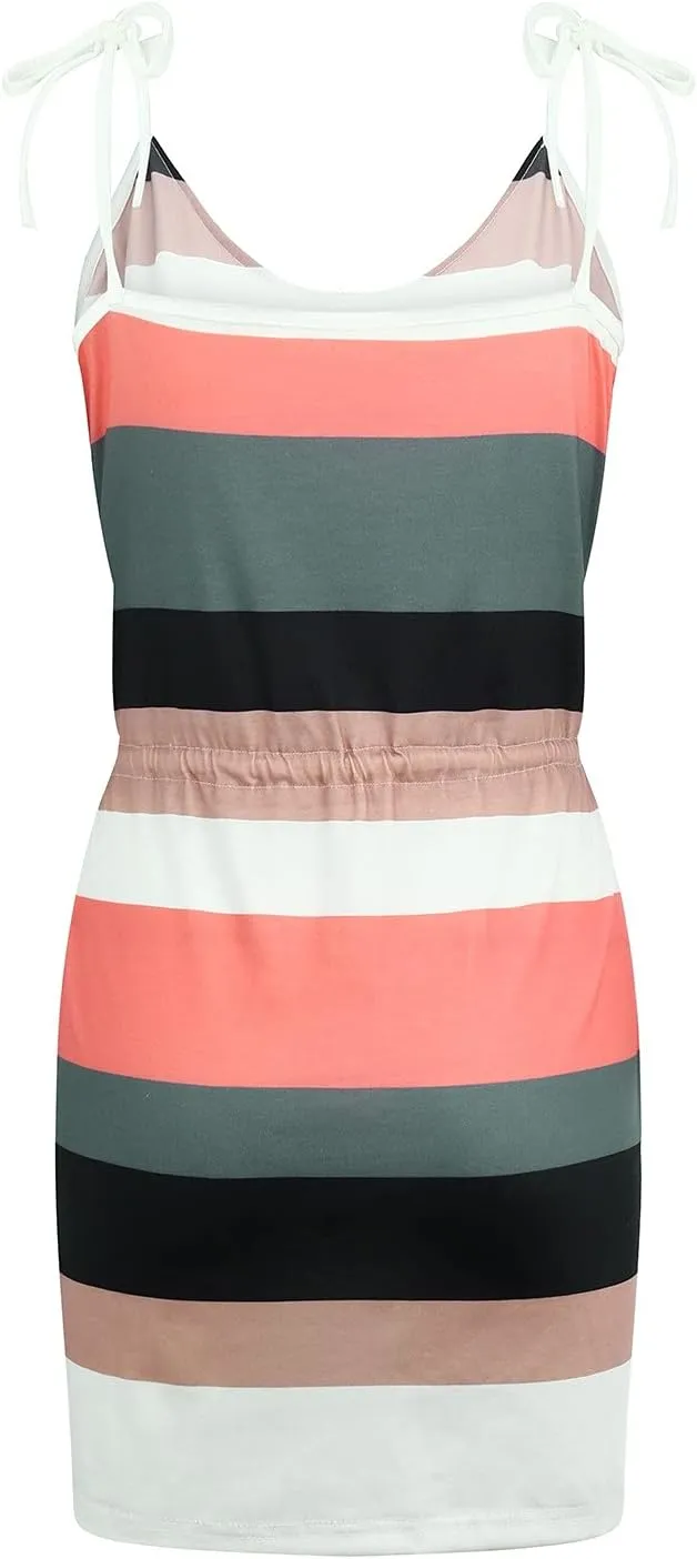 Striped Mini Dress for Women Casual V Neck Short Sleeve T Shirt Dresses Drawstring Waist Belted Dress with Pockets
