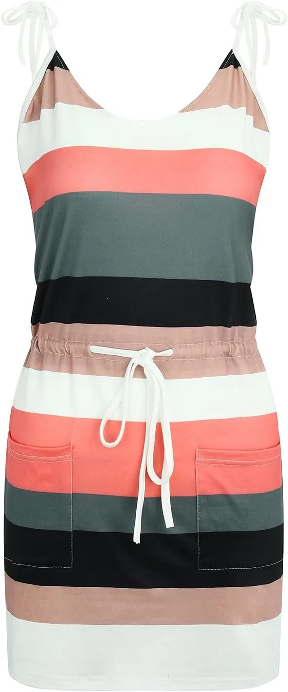 Striped Mini Dress for Women Casual V Neck Short Sleeve T Shirt Dresses Drawstring Waist Belted Dress with Pockets