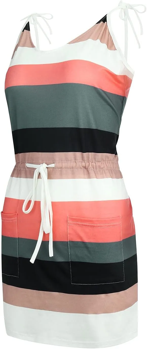 Striped Mini Dress for Women Casual V Neck Short Sleeve T Shirt Dresses Drawstring Waist Belted Dress with Pockets