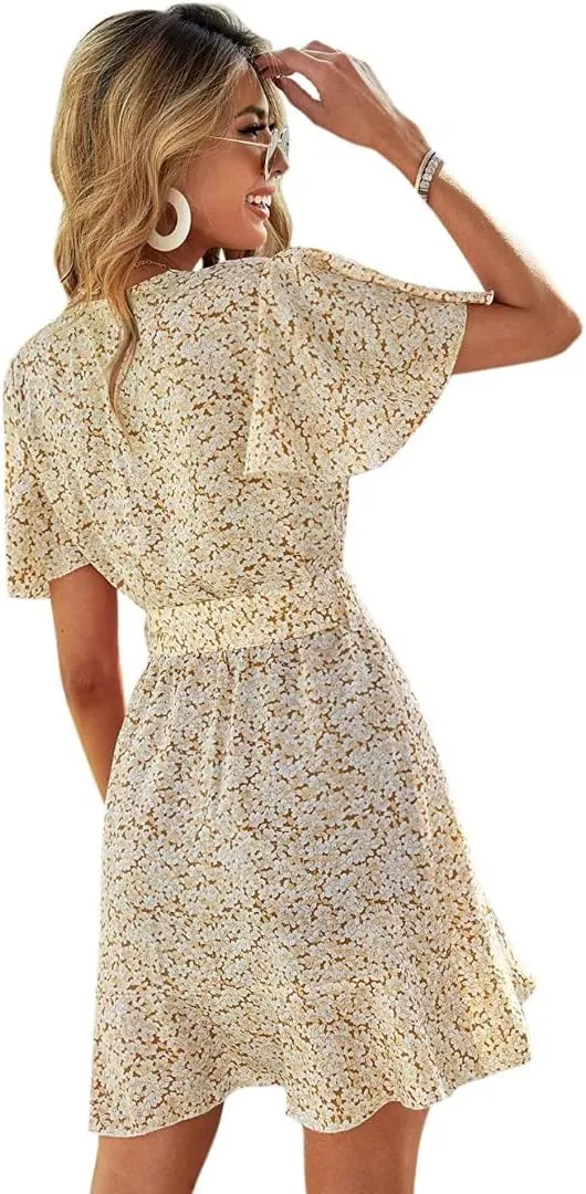 Summer Casual Women's Floral Tie Front Ruffle Mini Dress V Neck Party Short Sleeve A Line Flare Beach Dresses