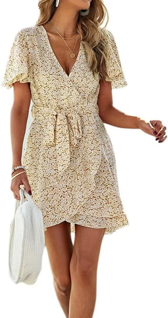 Summer Casual Women's Floral Tie Front Ruffle Mini Dress V Neck Party Short Sleeve A Line Flare Beach Dresses