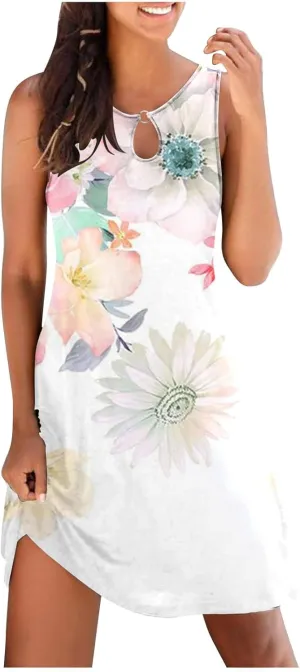 Summer Dresses for Women 2024 Sexy Sleeveless Sundress Retro Boho Floral Beach Party Dress Casual Flowy Crewneck Mini Dress