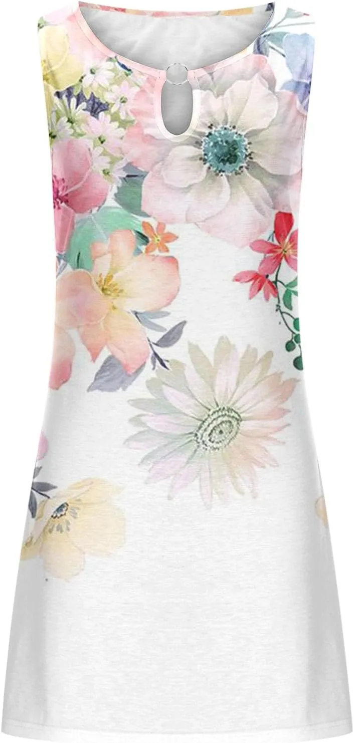 Summer Dresses for Women 2024 Sexy Sleeveless Sundress Retro Boho Floral Beach Party Dress Casual Flowy Crewneck Mini Dress