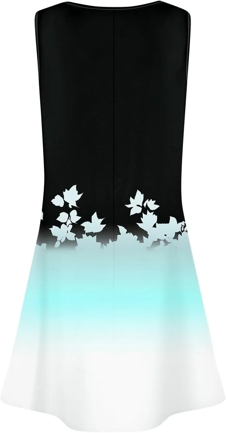 Summer Dresses for Women 2025 Floral Loose Pleated Front Tank Dress O Neck Casual T Shirt Dresses Sleeveless Sundresses