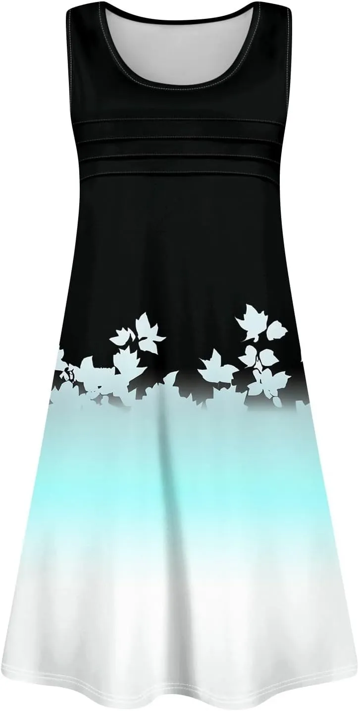 Summer Dresses for Women 2025 Floral Loose Pleated Front Tank Dress O Neck Casual T Shirt Dresses Sleeveless Sundresses