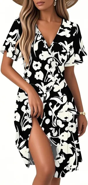 Summer Dresses for Women 2025 Floral Short Sleeve Wrap V Neck A-Line Midi Dress Flowy Beach Vacation Sundress