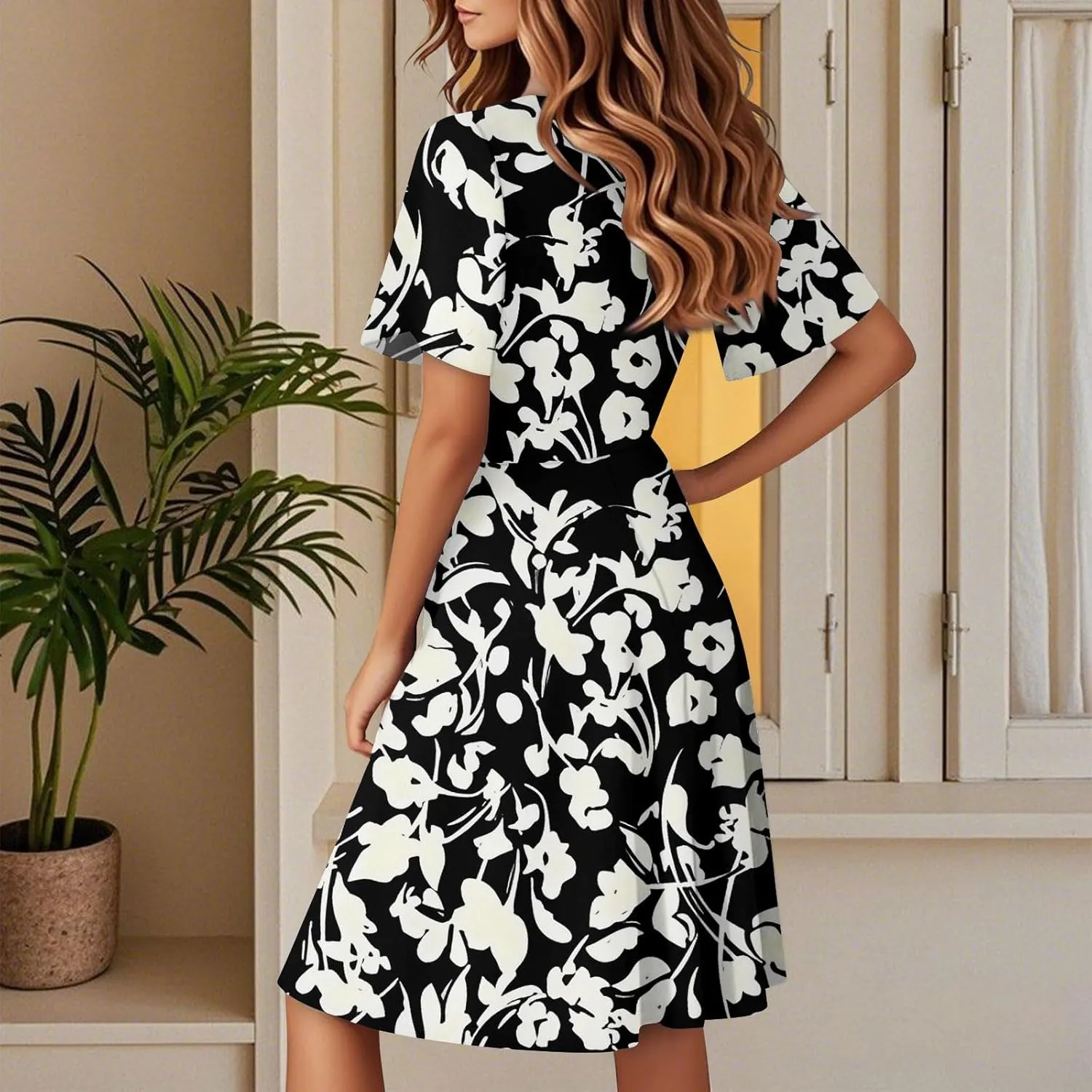 Summer Dresses for Women 2025 Floral Short Sleeve Wrap V Neck A-Line Midi Dress Flowy Beach Vacation Sundress
