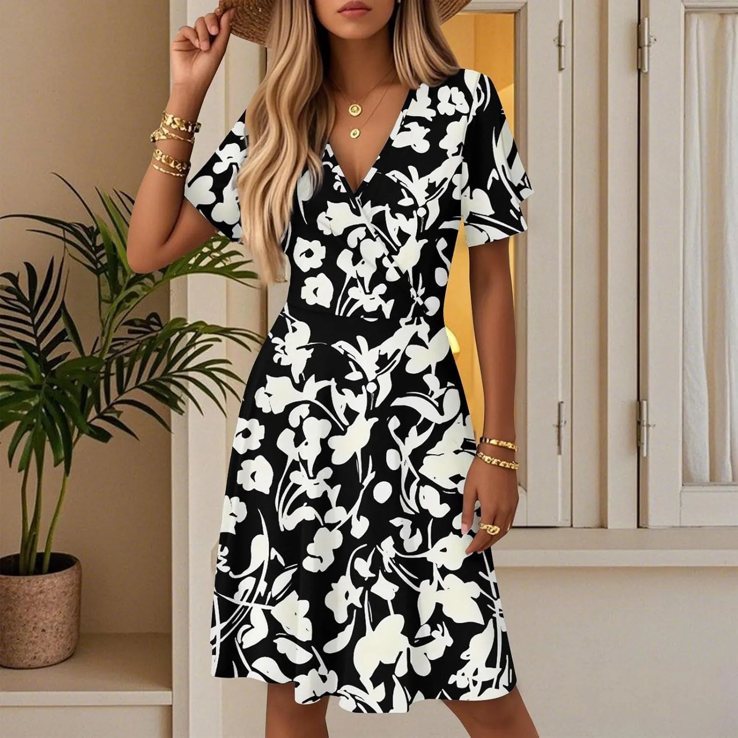 Summer Dresses for Women 2025 Floral Short Sleeve Wrap V Neck A-Line Midi Dress Flowy Beach Vacation Sundress