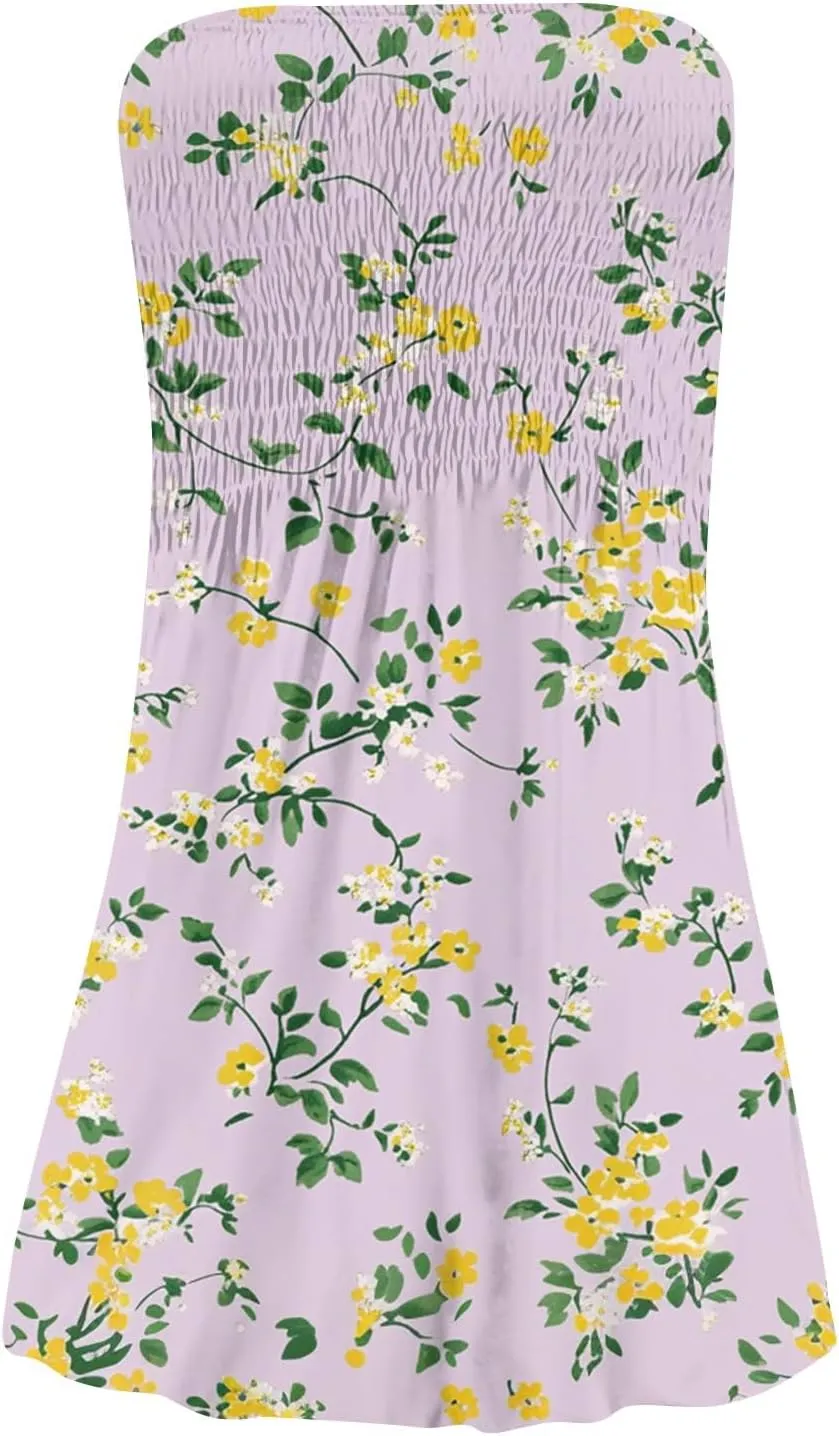 Summer Dresses for Women 2025 Strapless Floral Tube Dress Off shouldes Mini Boho Sundress Smocked Ruffle Sun Dress