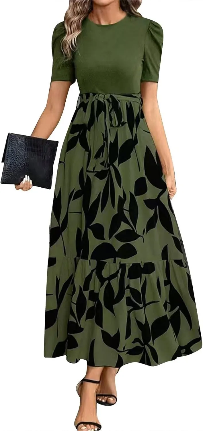 Summer Dresses for Women Puff Sleeve Maxi Dress Casual Flowy Floral Short Sleeve Sundress with Belt