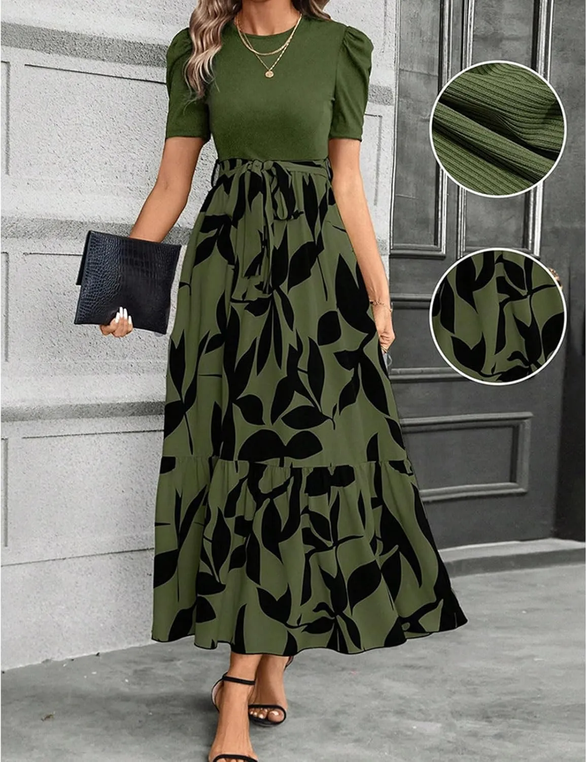 Summer Dresses for Women Puff Sleeve Maxi Dress Casual Flowy Floral Short Sleeve Sundress with Belt