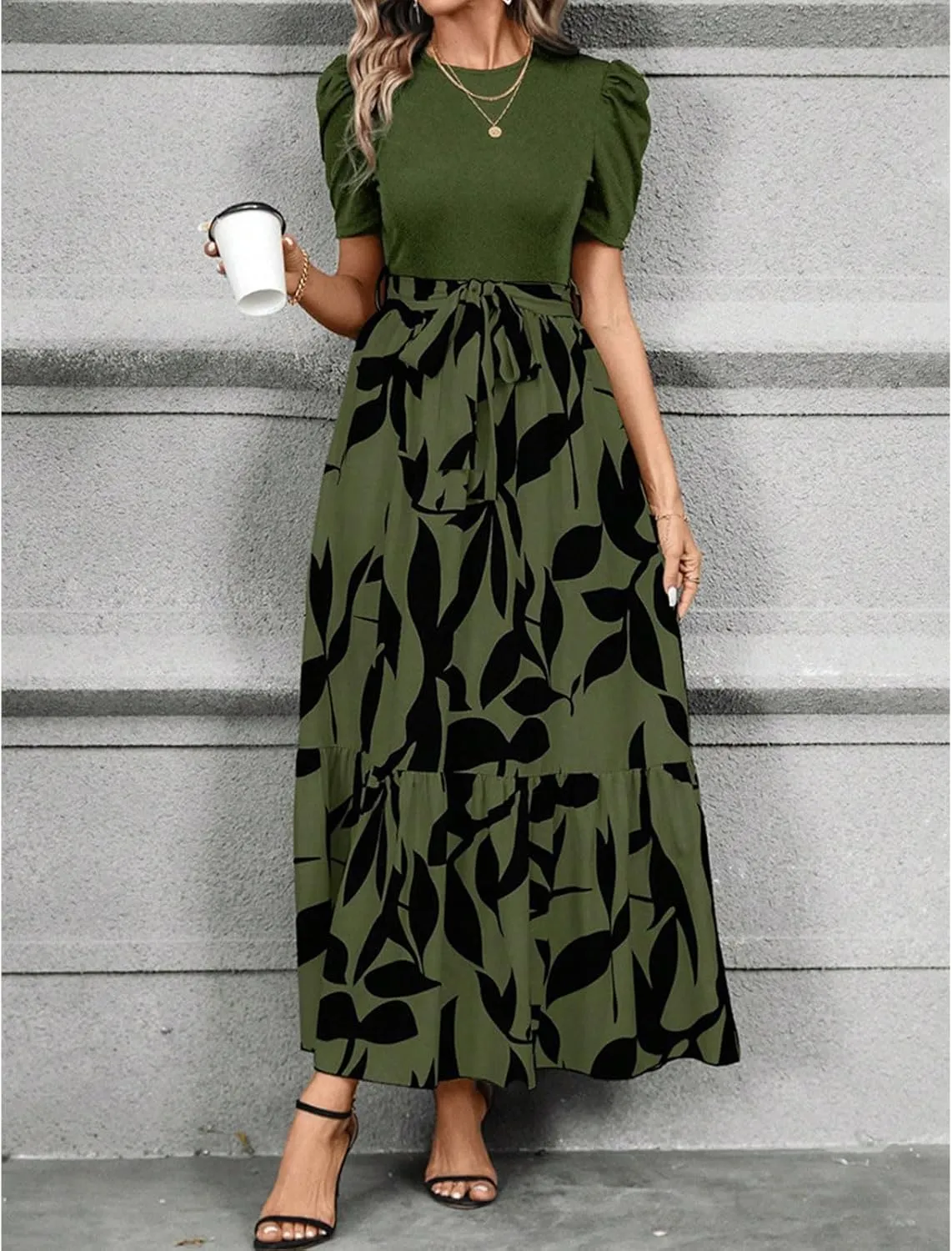 Summer Dresses for Women Puff Sleeve Maxi Dress Casual Flowy Floral Short Sleeve Sundress with Belt