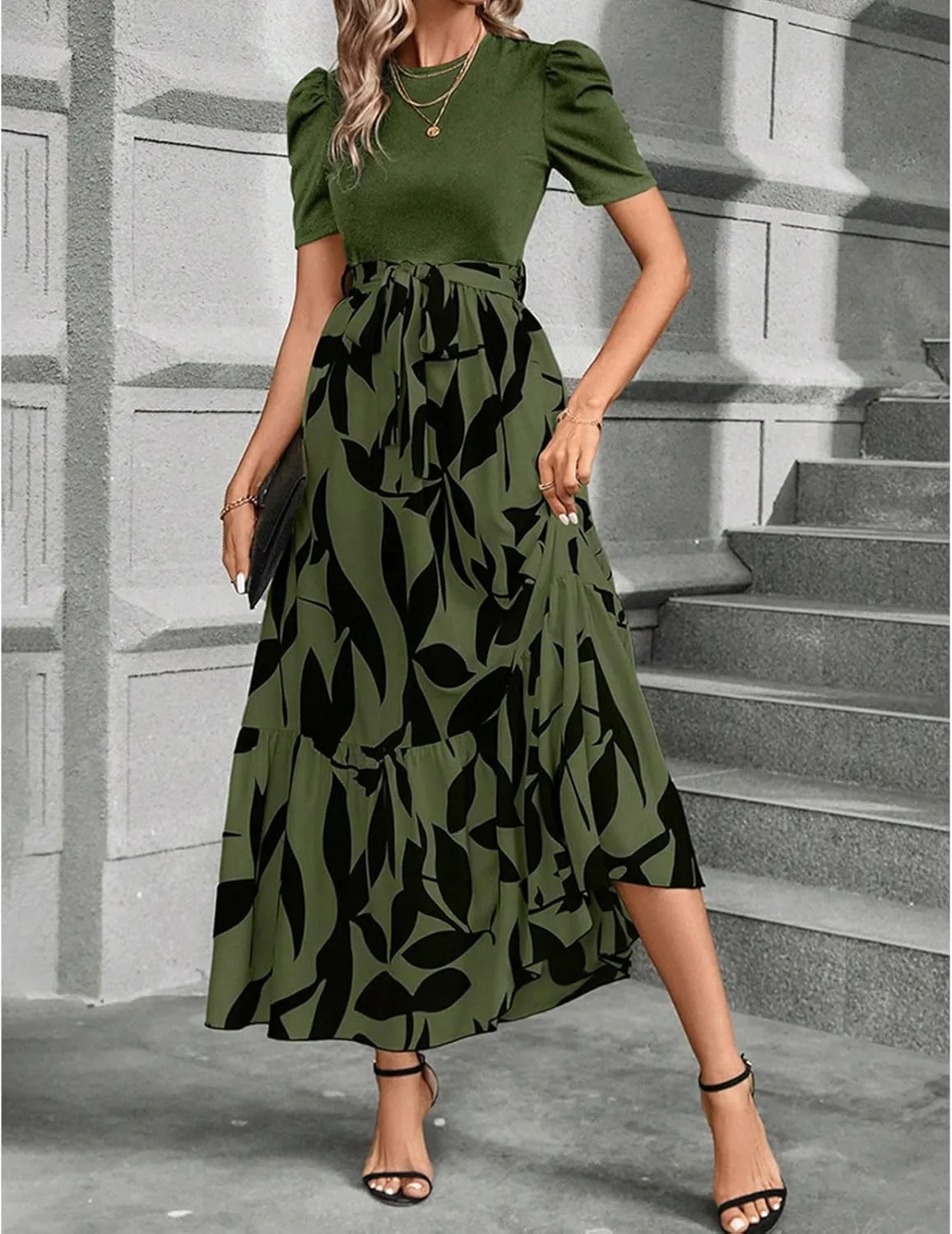Summer Dresses for Women Puff Sleeve Maxi Dress Casual Flowy Floral Short Sleeve Sundress with Belt