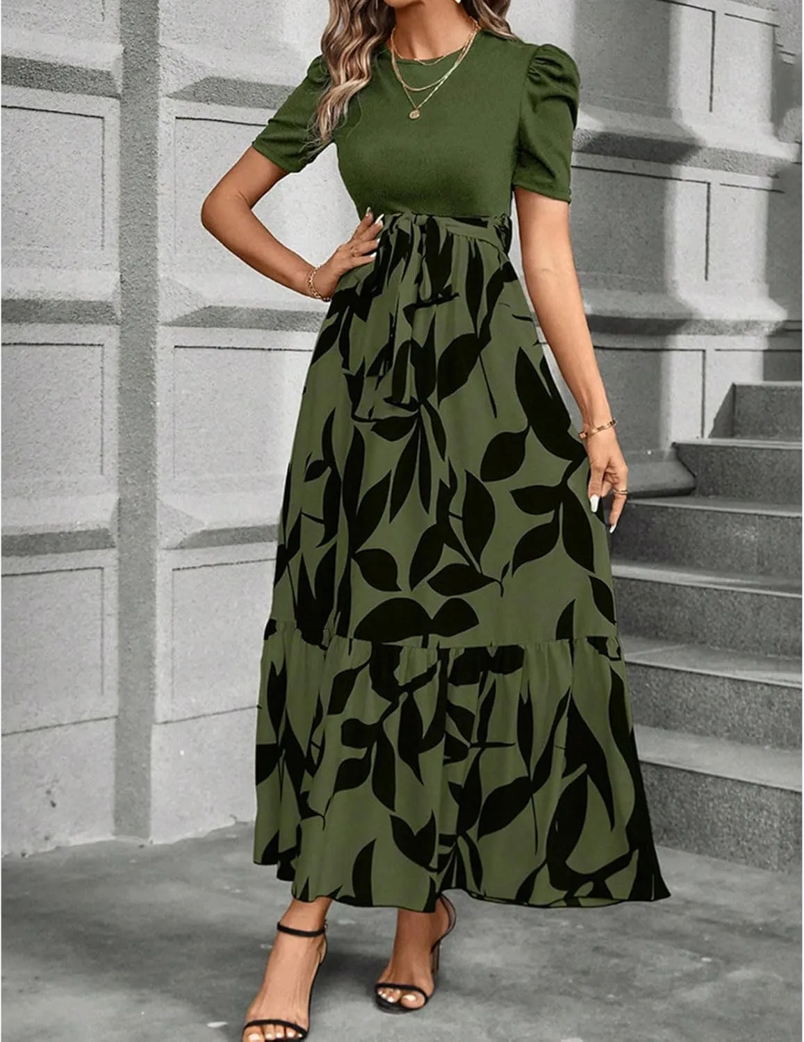 Summer Dresses for Women Puff Sleeve Maxi Dress Casual Flowy Floral Short Sleeve Sundress with Belt
