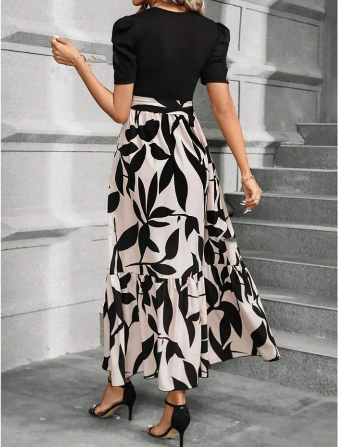 Summer Dresses for Women Puff Sleeve Maxi Dress Casual Flowy Floral Short Sleeve Sundress with Belt