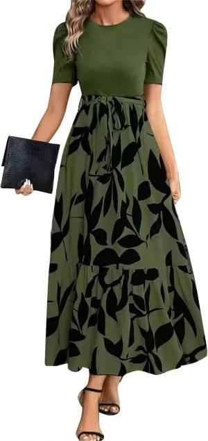 Summer Dresses for Women Puff Sleeve Maxi Dress Casual Flowy Floral Short Sleeve Sundress with Belt