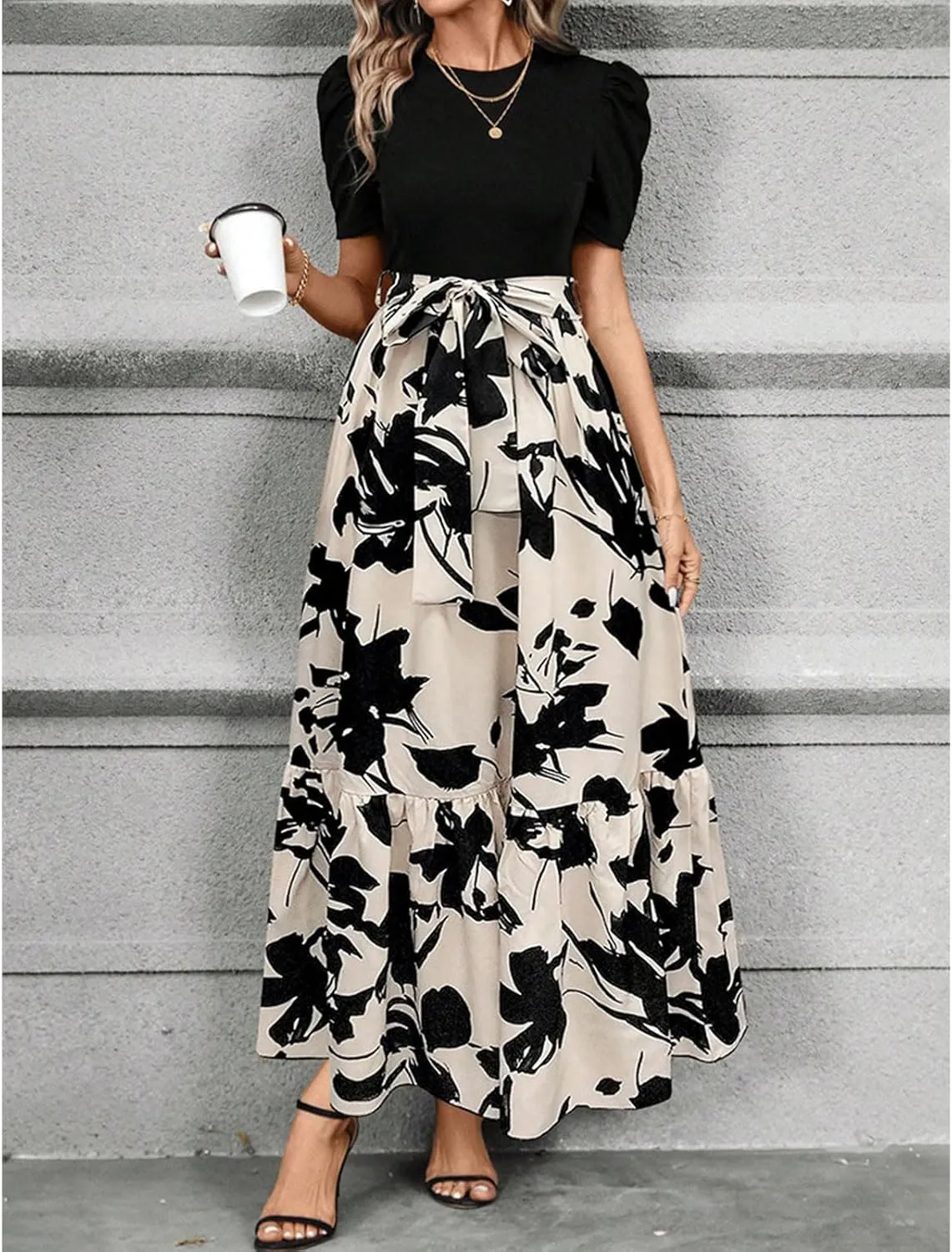 Summer Dresses for Women Puff Sleeve Maxi Dress Casual Flowy Floral Short Sleeve Sundress with Belt