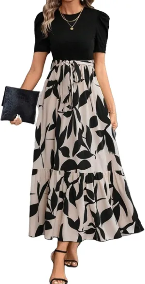 Summer Dresses for Women Puff Sleeve Maxi Dress Casual Flowy Floral Short Sleeve Sundress with Belt