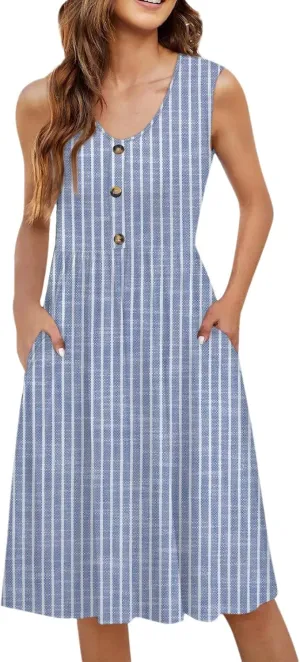 Summer Floral Midi Dress for Women Loose U Neck Casual Sleeveless 2025 Beach Floral Print Sundresses Dress with Pockets