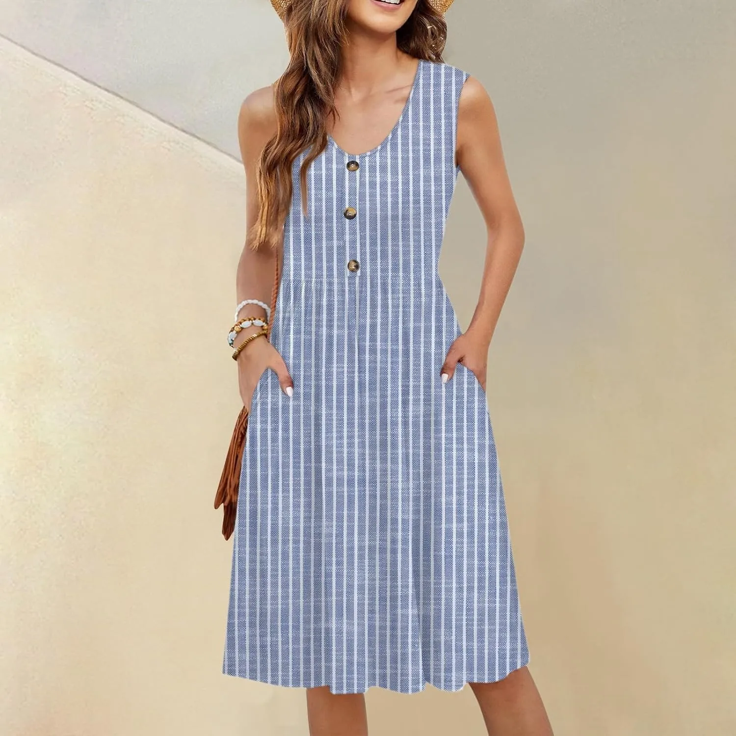 Summer Floral Midi Dress for Women Loose U Neck Casual Sleeveless 2025 Beach Floral Print Sundresses Dress with Pockets