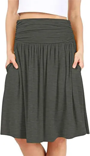 Summer Skirts for Women Regular and Plus Size Skirt with Pockets The Knee Length Ruched Flowy Midi Skirt